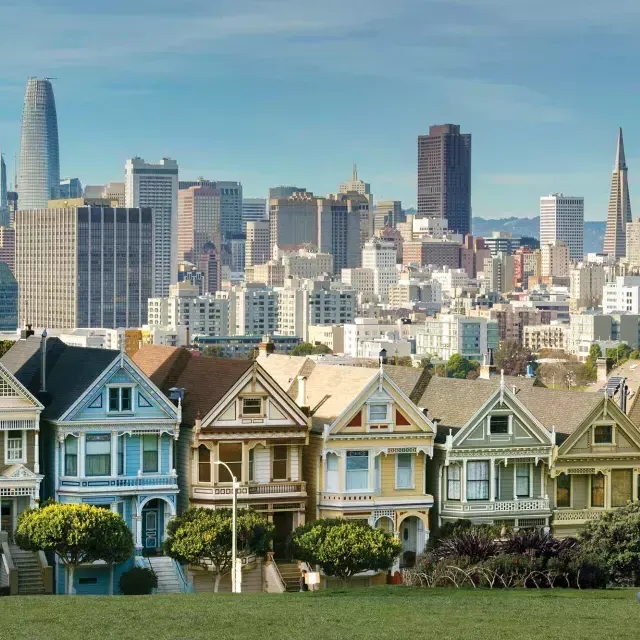 Picnickers sit on the grass at Alamo Square Park with the 涂女士 和 San Francisco skyline in the background.